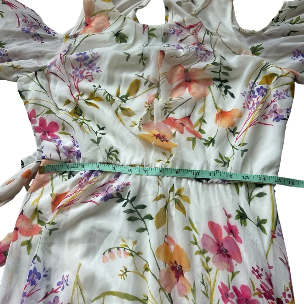 Calvin Klein flutter sleeve cold shoulder white floral chiffon maxi dress 12 - Picture 9 of 10